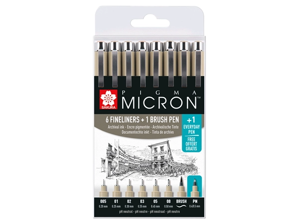 Een Pigma Micron set met 7 zwarte fineliners + 1 gratis Pigma Micron PN koop je bij Terpen Tijn