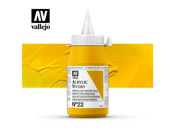 Een Acrylverf Vallejo 500 ml cadmium yellow deep hue 22 koop je bij Terpen Tijn