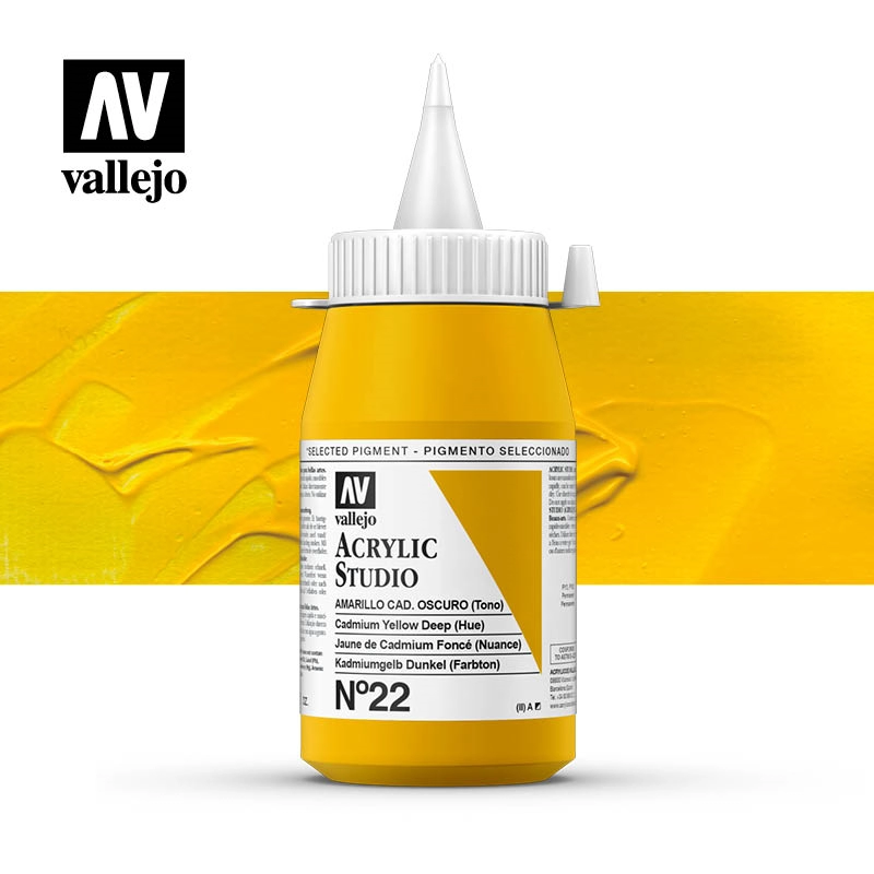 Een Acrylverf Vallejo 500 ml cadmium yellow deep hue 22 koop je bij Terpen Tijn